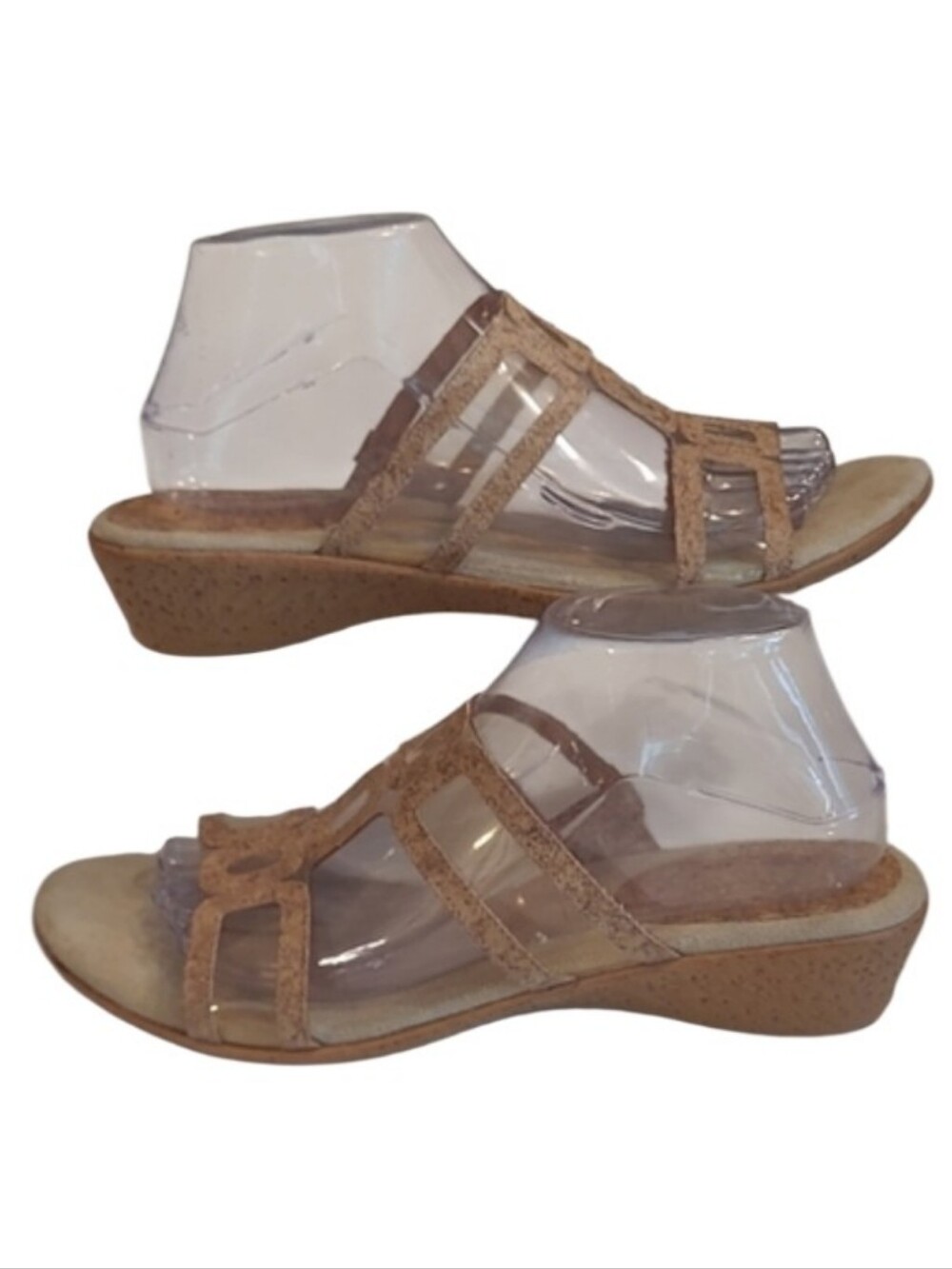 Rialto Cork Textured Tan Wedge Slide Sandals Clear Patterned Slip On Dressy